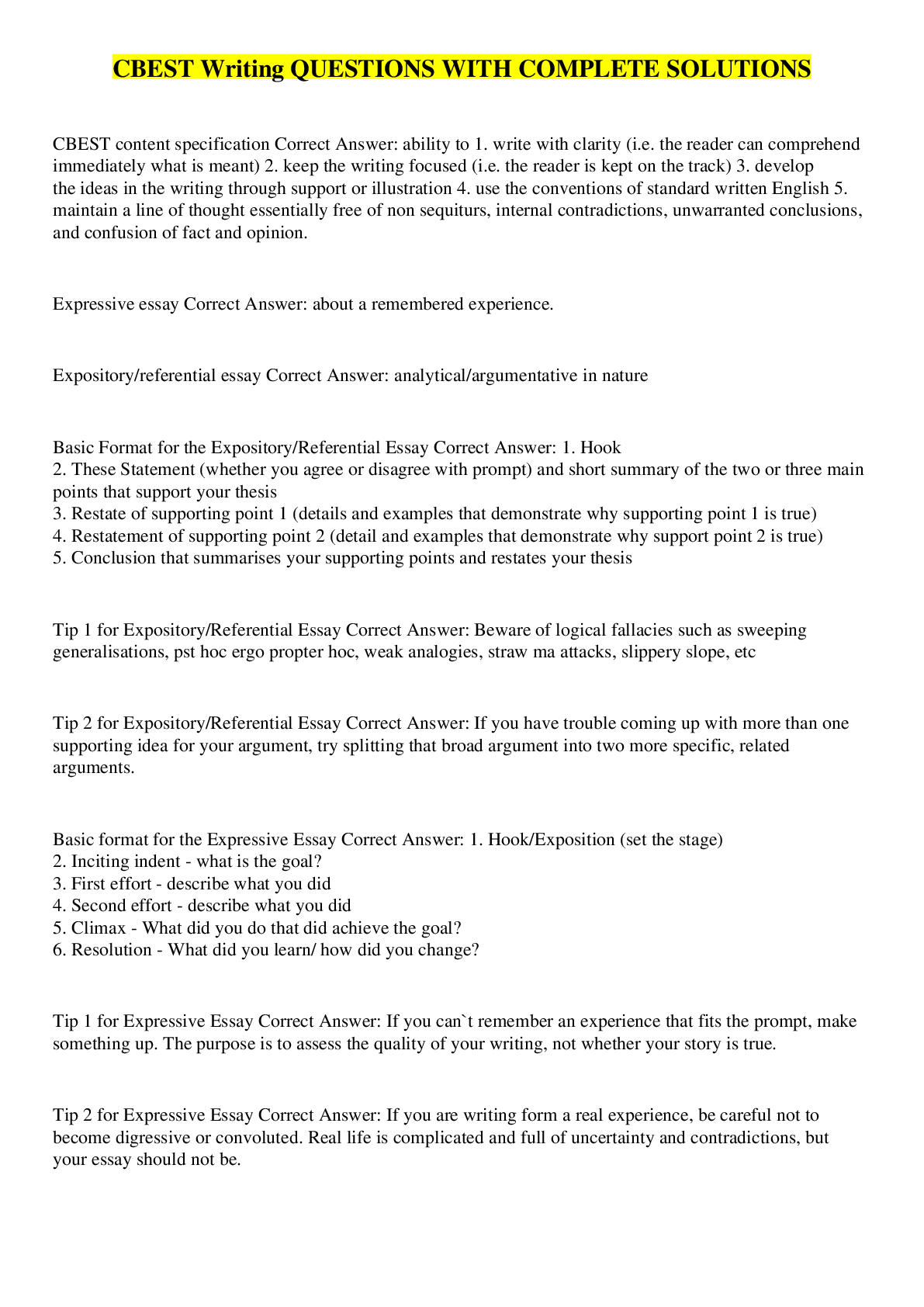 Preview image for CBEST Writing QUESTIONS WITH COMPLETE SOLUTIONS